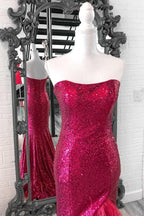 Vestido de fiesta de talla grande con lentejuelas, plumas, sin tirantes, sirena, largo con abertura
