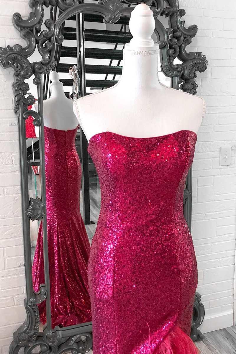 Vestido de fiesta de talla grande con lentejuelas, plumas, sin tirantes, sirena, largo con abertura