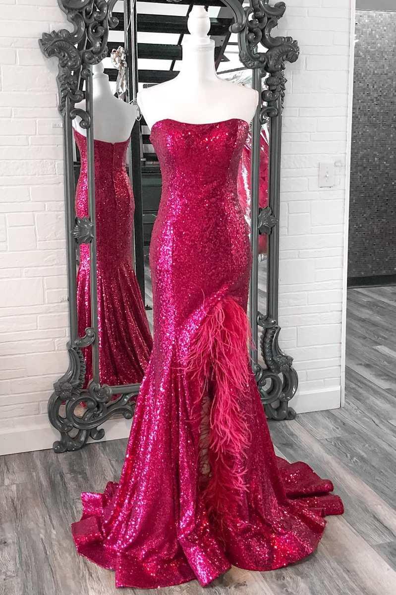 Vestido de fiesta de talla grande con lentejuelas, plumas, sin tirantes, sirena, largo con abertura