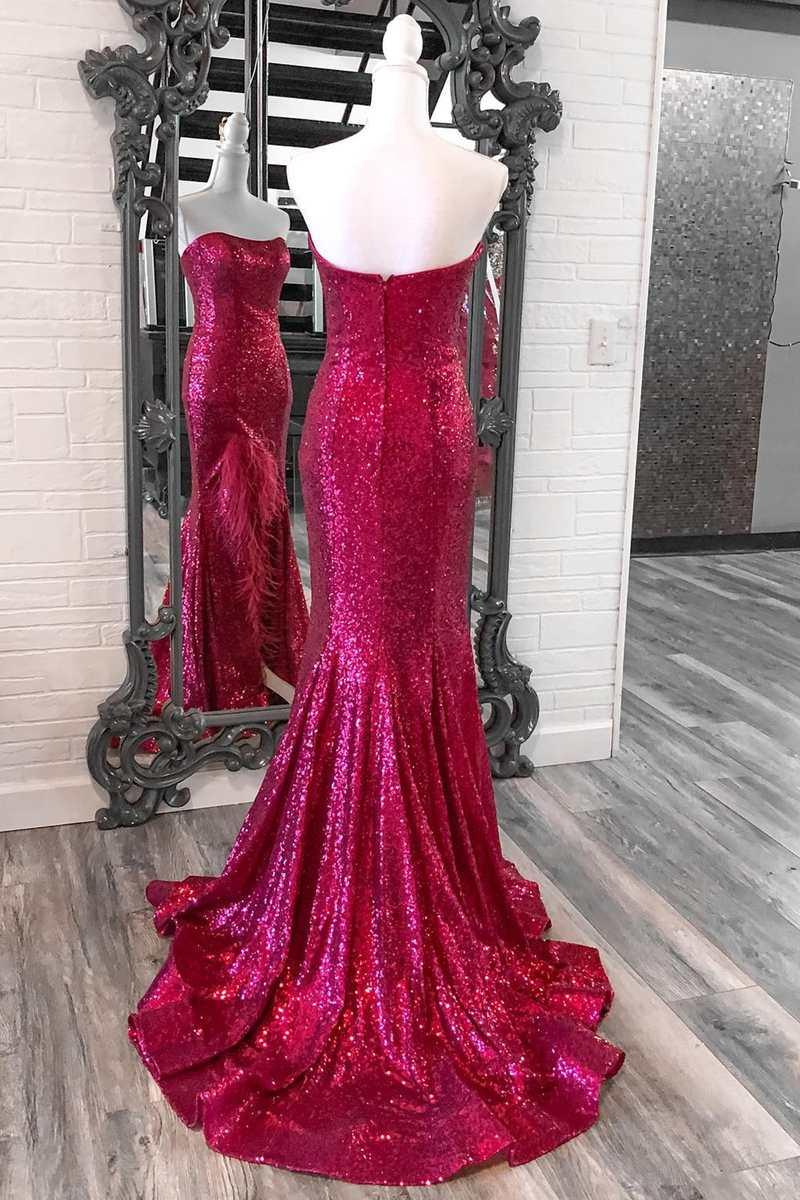 Vestido de fiesta de talla grande con lentejuelas, plumas, sin tirantes, sirena, largo con abertura