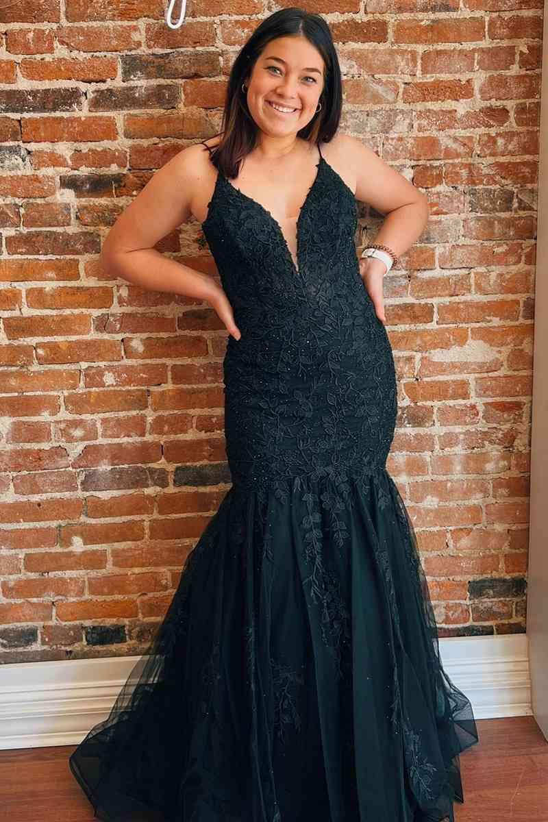 Vestidos de fiesta sexys de talla grande con escote en V, encaje, tirantes finos, sirena, espalda abierta, largo