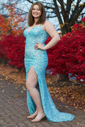 Vestido de fiesta de talla grande, tubo, tirantes finos, lentejuelas, largo con abertura
