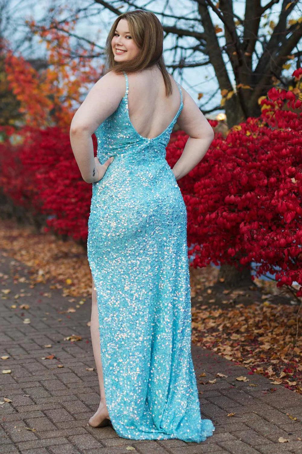 Vestido de fiesta de talla grande, tubo, tirantes finos, lentejuelas, largo con abertura