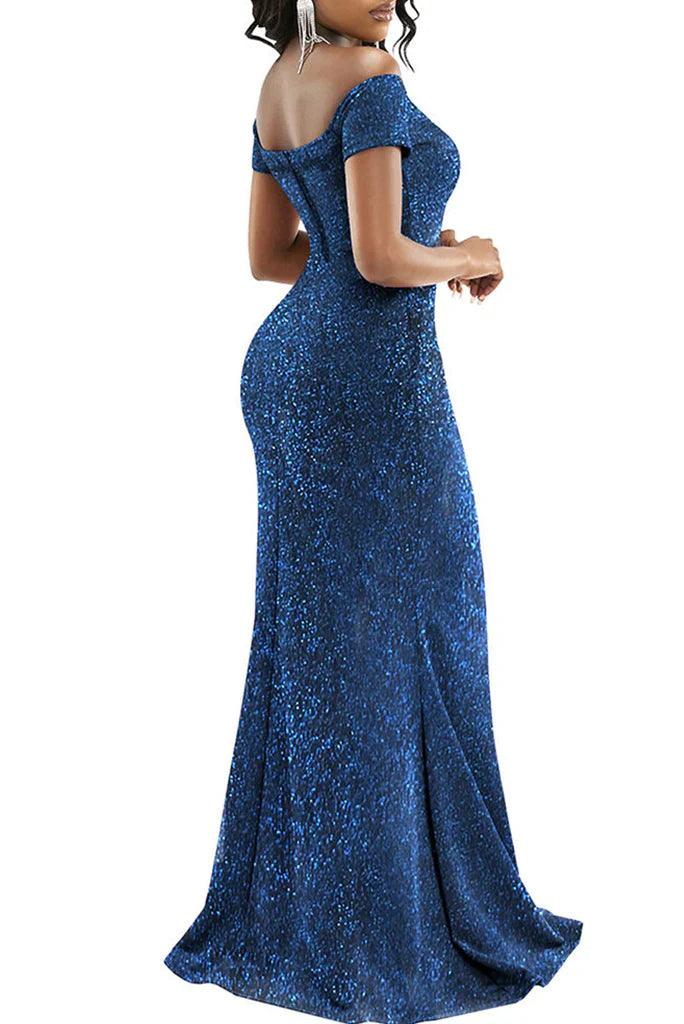 Vestido de fiesta de talla grande con lentejuelas brillantes de sirena y hombros descubiertos