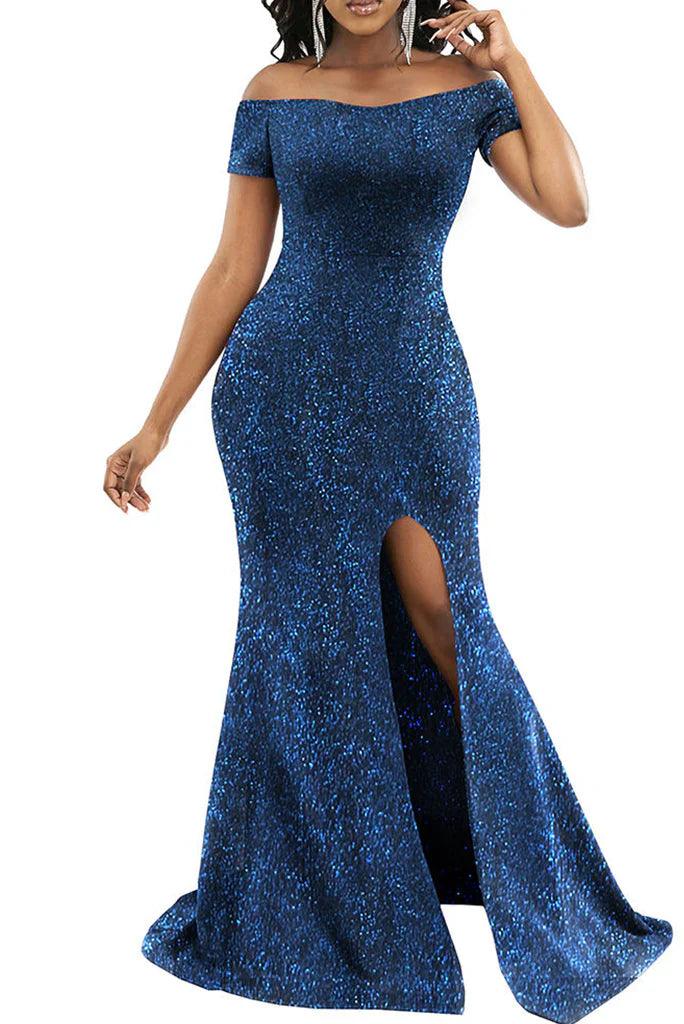 Vestido de fiesta de talla grande con lentejuelas brillantes de sirena y hombros descubiertos