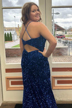 Vestido de fiesta de talla grande con tirantes finos, lentejuelas, escote corazón, espalda descubierta, largo con abertura
