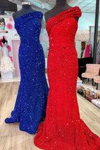Vestido de fiesta de talla grande con lentejuelas y hombros descubiertos, corte sirena largo