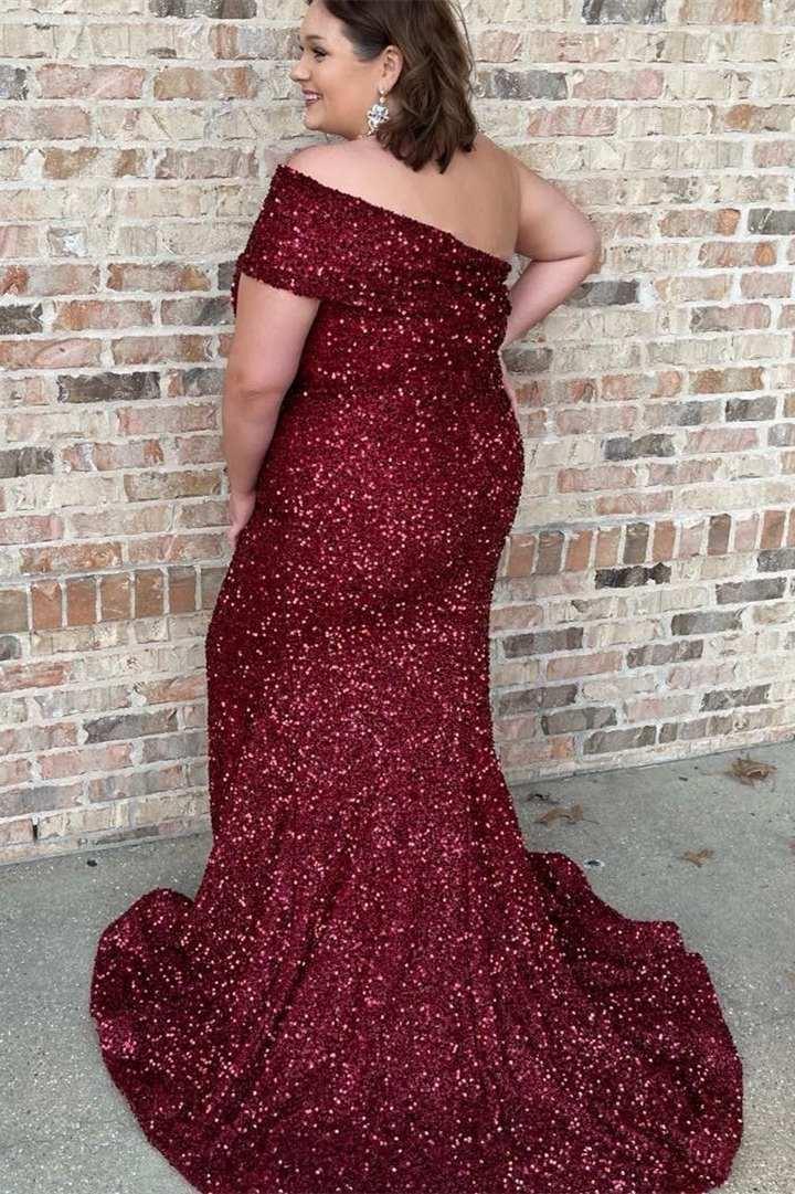 Vestido de fiesta de talla grande con lentejuelas y hombros descubiertos, corte sirena largo