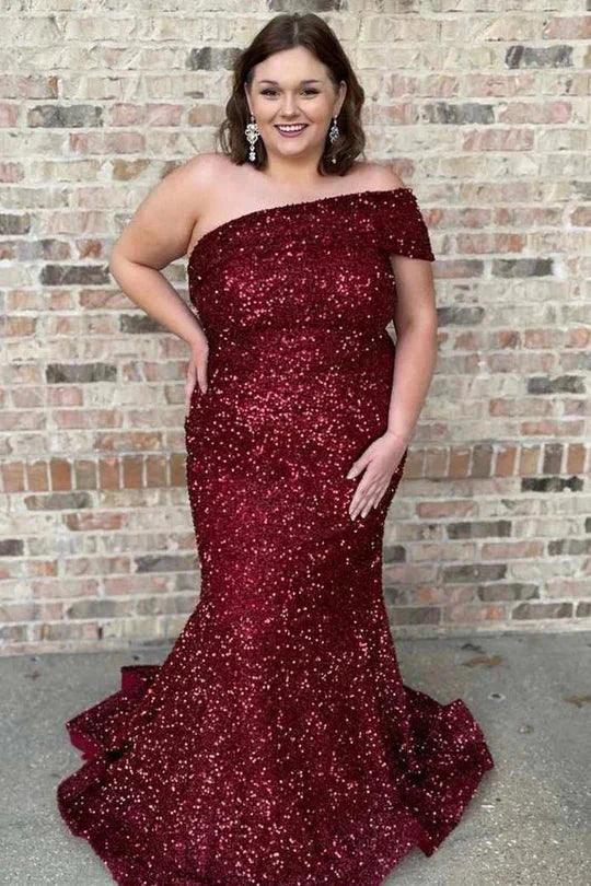 Vestido de fiesta de talla grande con lentejuelas y hombros descubiertos, corte sirena largo