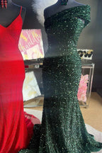 Vestido de fiesta de talla grande con lentejuelas y hombros descubiertos, corte sirena largo