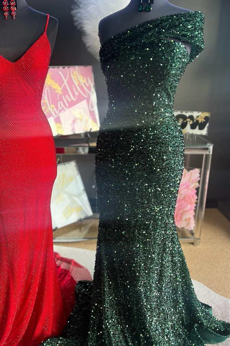 Vestido de fiesta de talla grande con lentejuelas y hombros descubiertos, corte sirena largo