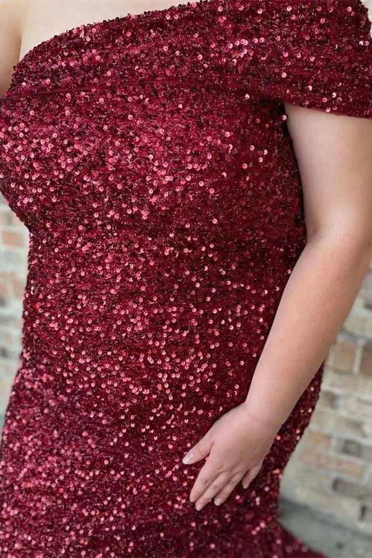 Vestido de fiesta de talla grande con lentejuelas y hombros descubiertos, corte sirena largo