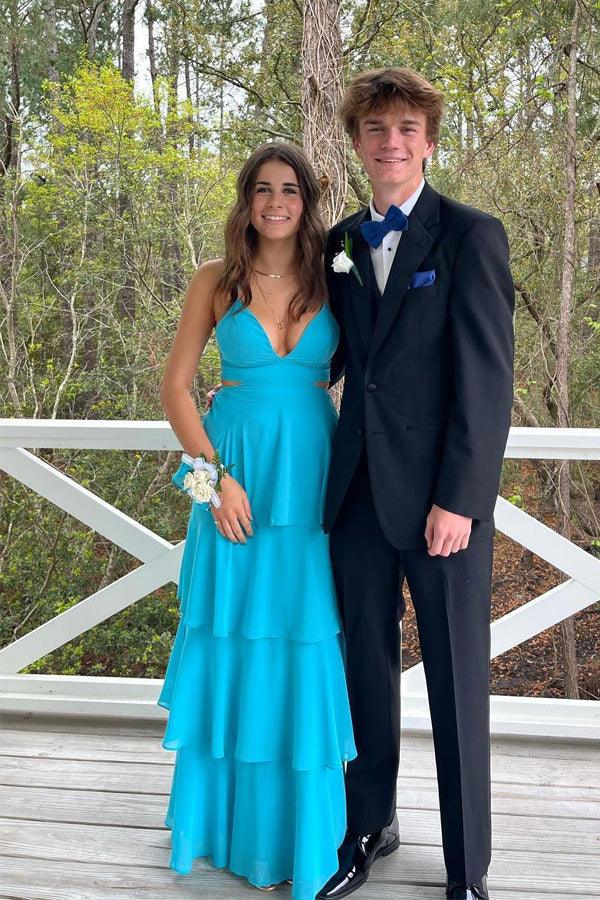 Hübsches, gestuftes Chiffon-Abendkleid in Blau mit Cutouts
