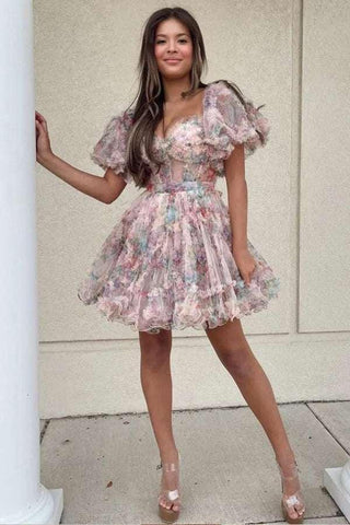 Pretty Fuchsia Puff Sleeves A-Line Princess Homecoming Dress PD532