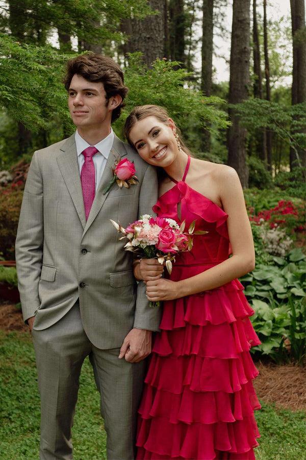 Pretty Halter Neck Ruffle Fuchsia Long Prom Dress