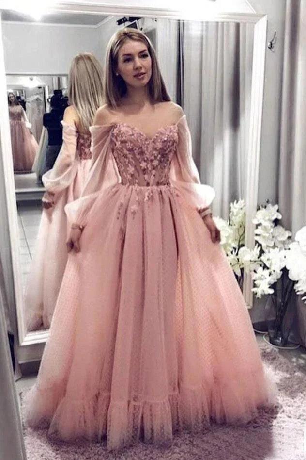 Vestido de fiesta de princesa con encaje y hombros descubiertos y mangas largas