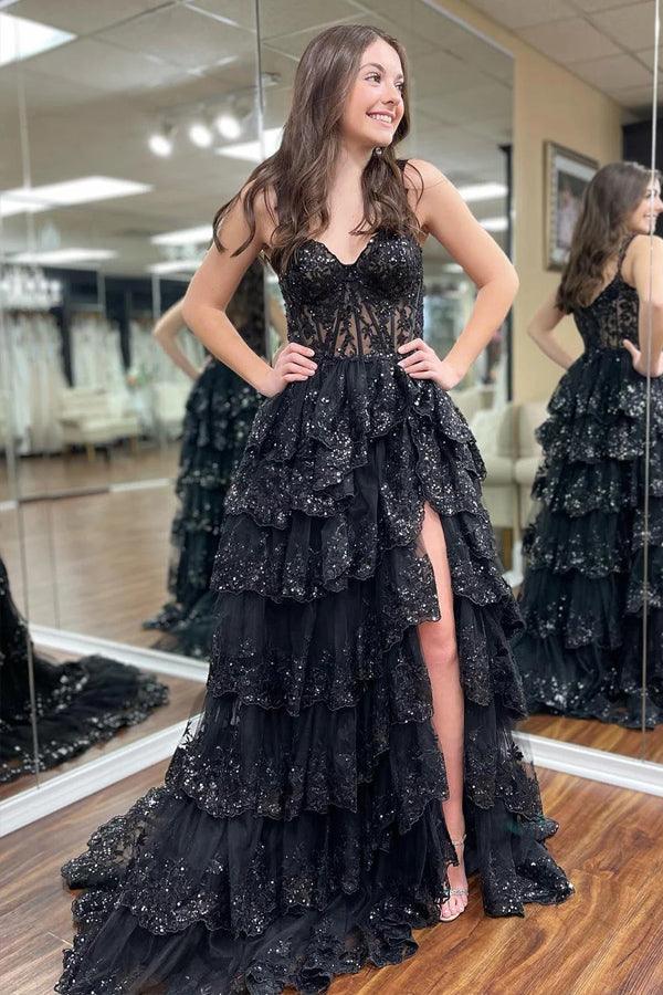 Wunderschönes, gestuftes blaues Prinzessinnen-Abendkleid aus Spitze mit Rüschen