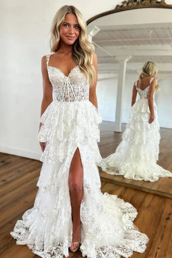 Wunderschönes, gestuftes blaues Prinzessinnen-Abendkleid aus Spitze mit Rüschen