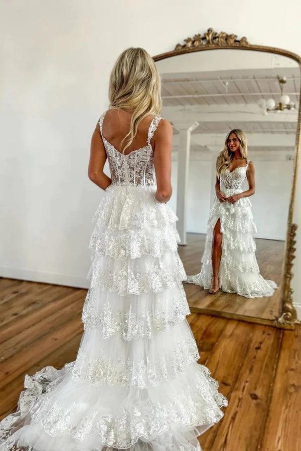 Wunderschönes, gestuftes blaues Prinzessinnen-Abendkleid aus Spitze mit Rüschen