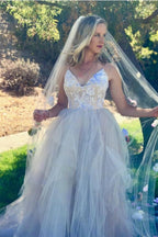 NumberSea Princess Rosa Tüll Spaghettiträger V-Ausschnitt Brautkleider, Brautkleid, MW639