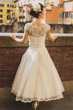Vestido de novia NumberSea de tul, corte A, mangas cortas, largo hasta la rodilla y encaje, MW951 