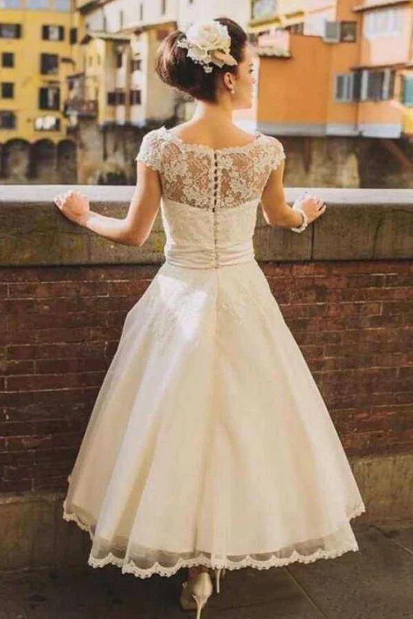 Vestido de novia NumberSea de tul, corte A, mangas cortas, largo hasta la rodilla y encaje, MW951 