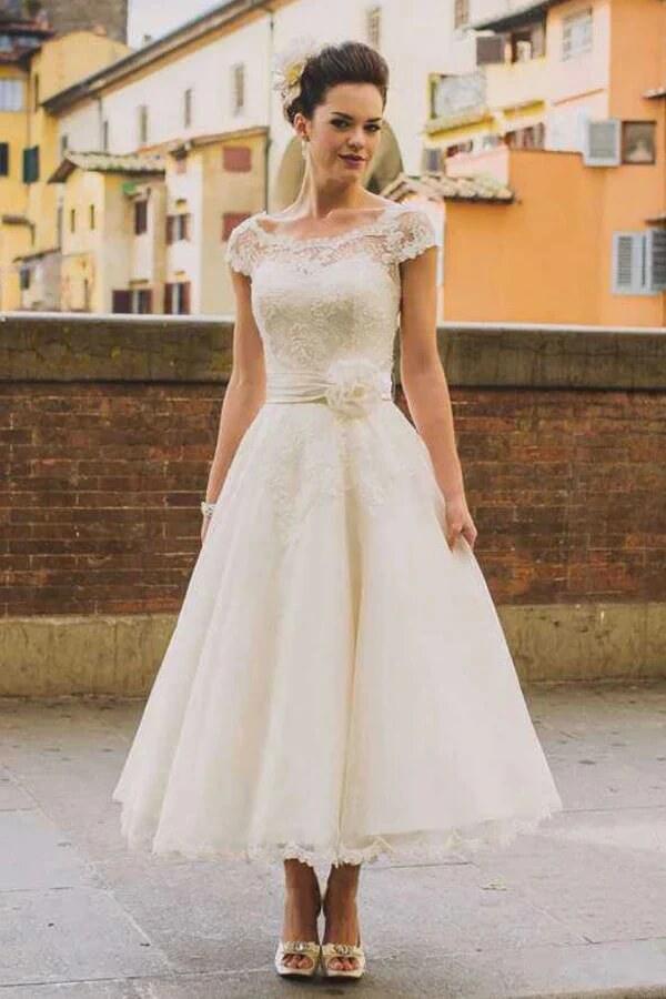 Vestido de novia NumberSea de tul, corte A, mangas cortas, largo hasta la rodilla y encaje, MW951 