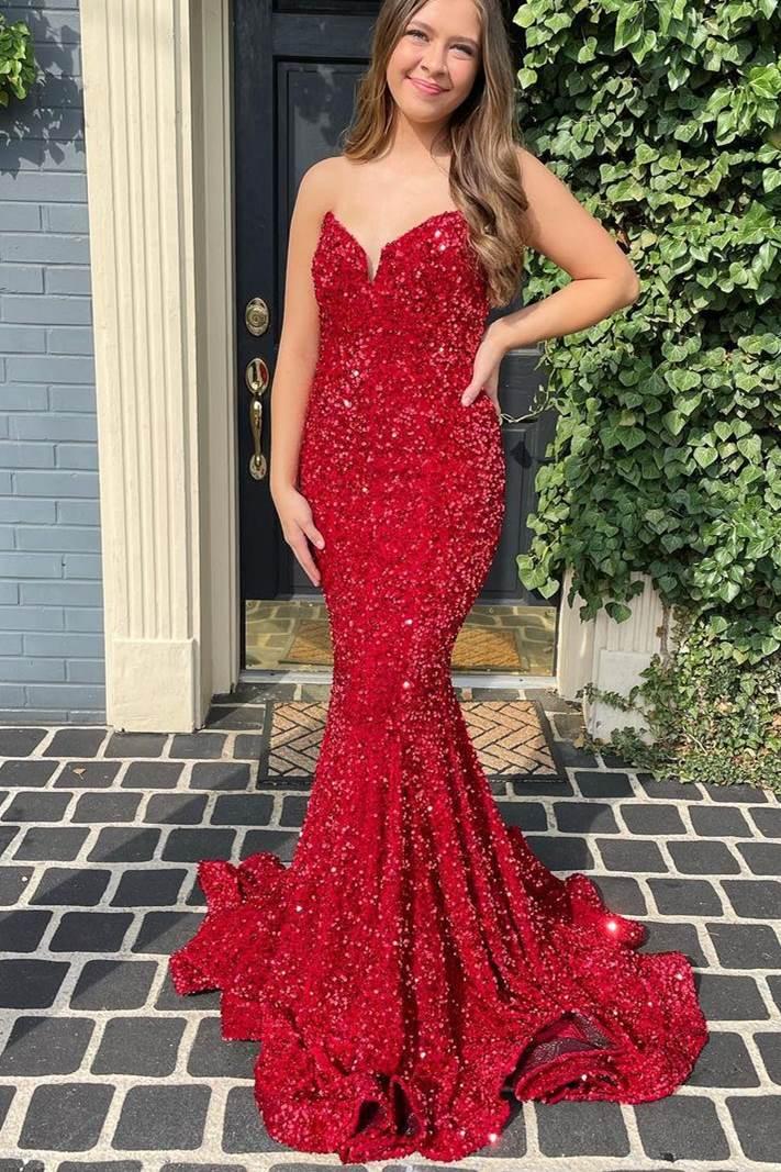Vestidos de fiesta sin tirantes con lentejuelas de sirena