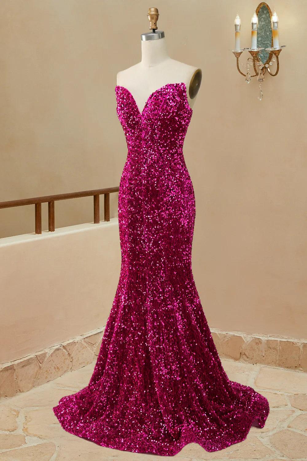Vestidos de fiesta sin tirantes con lentejuelas de sirena