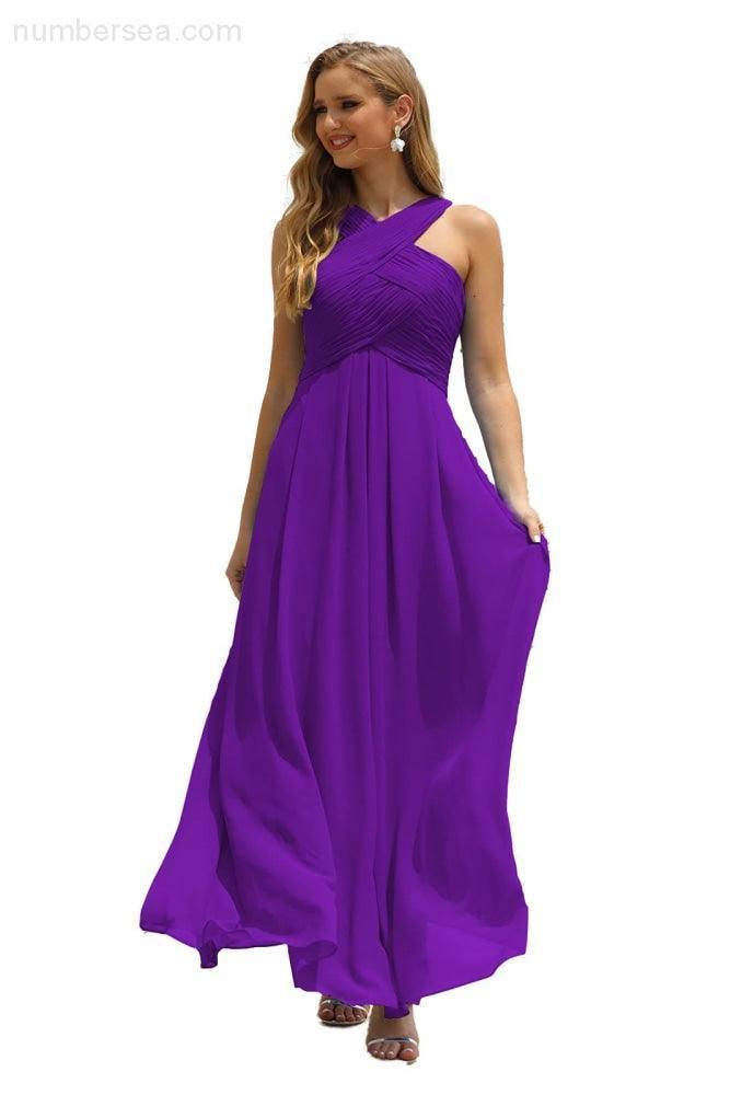 Numbersea Women Halter Chiffon Bridesmaid Dress A-line Long Formal Prom Gown SEA28015-numbersea