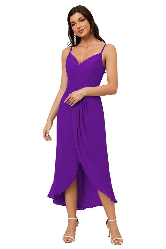 Numbersea Spaghetti Chiffon V Neck Bridesmaid Dress Mid-Length Slit Formal Prom Dress Homecoming Dress 2803-numbersea