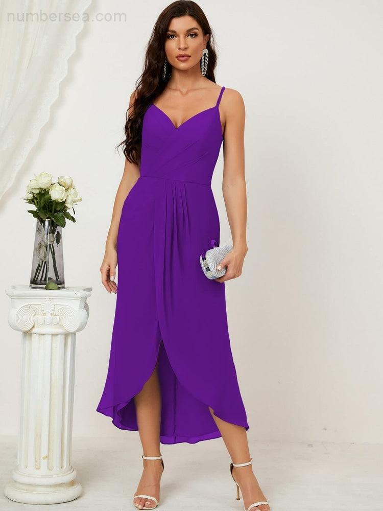 Numbersea Spaghetti Chiffon V Neck Bridesmaid Dress Mid-Length Slit Formal Prom Dress Homecoming Dress 2803-numbersea