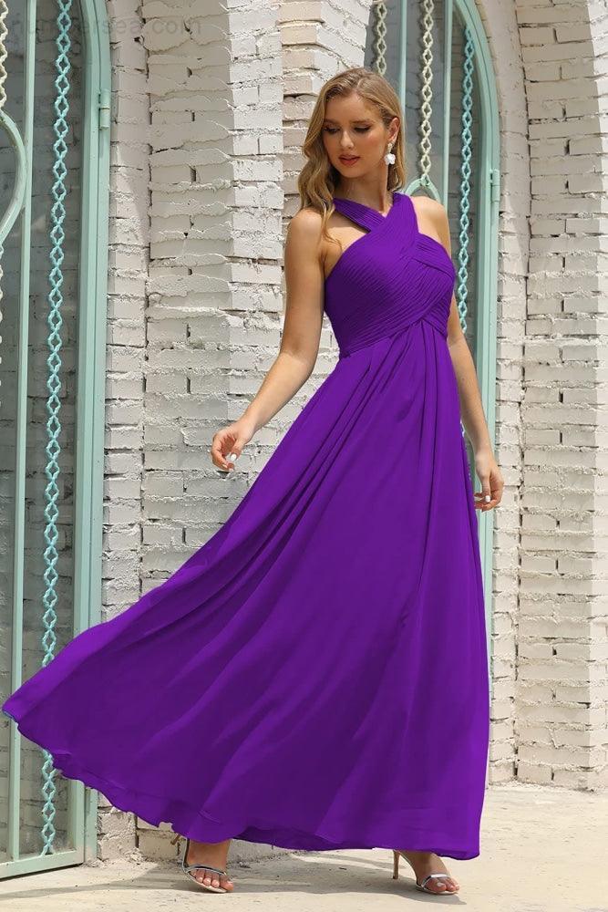 Numbersea Women Halter Chiffon Bridesmaid Dress A-line Long Formal Prom Gown SEA28015-numbersea