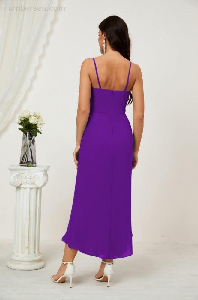 Numbersea Spaghetti Chiffon V Neck Bridesmaid Dress Mid-Length Slit Formal Prom Dress Homecoming Dress 2803-numbersea