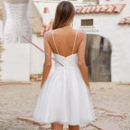 Hochzeitskleid A-Linie Spaghettiträger V-Ausschnitt Applikation Glitzer Tüll Kurzes Brautkleid Rückenfreie Kleider für die Braut 