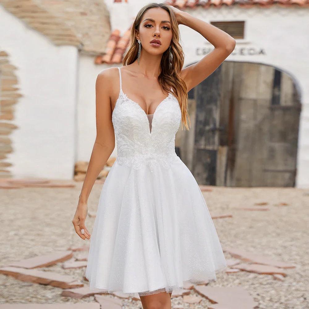 NumberSea-Wedding Dress A Line Spaghetti Straps V Neck Applique Glitter Tulle Short Bridal Gown Backless Dresses for Bride