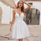 Hochzeitskleid A-Linie Spaghettiträger V-Ausschnitt Applikation Glitzer Tüll Kurzes Brautkleid Rückenfreie Kleider für die Braut 