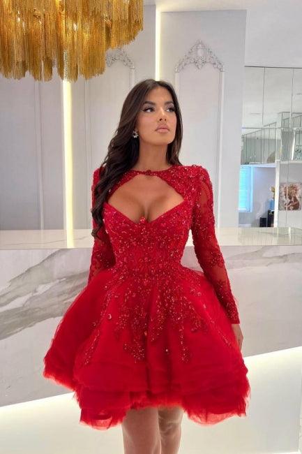 Vestido de fiesta rojo mini corte A, mangas largas, volantes, cuello halter y apliques
