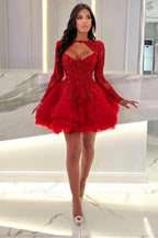 Vestido de fiesta rojo mini corte A, mangas largas, volantes, cuello halter y apliques