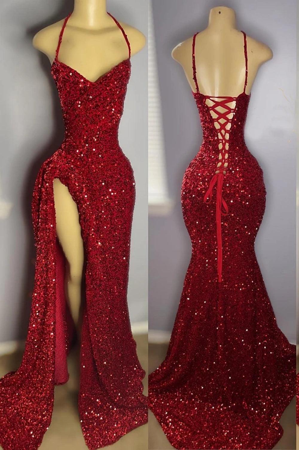 Vestido de fiesta rojo con lentejuelas y abertura, largo hasta el suelo y brillante.