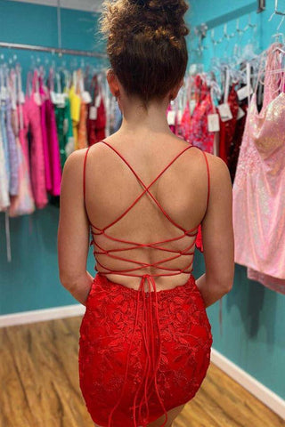 Red Appliques Plunge V Neckline Lace Up Homecoming Dress