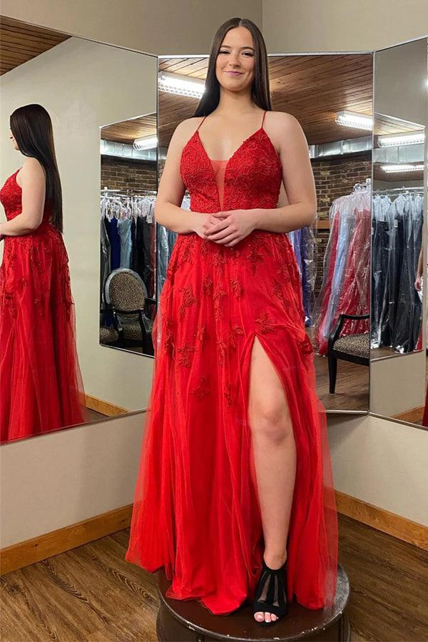 Vestido de fiesta largo rojo con escote en V pronunciado y apliques florales con abertura