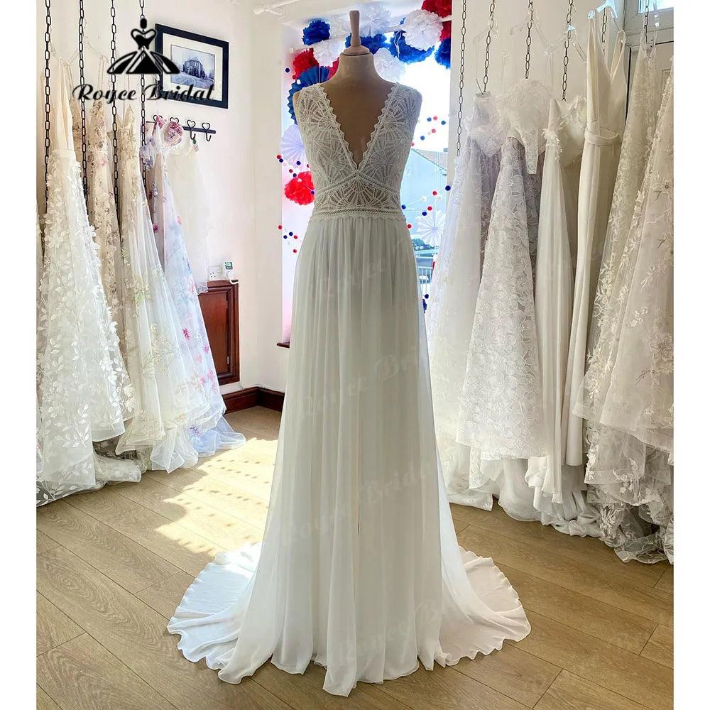 Boho Strand Chiffon Ärmellos Spitze Mieder Brautkleid für Damen V-Ausschnitt Brautkleid Hochzeitskleid Robe de soirée de mariage