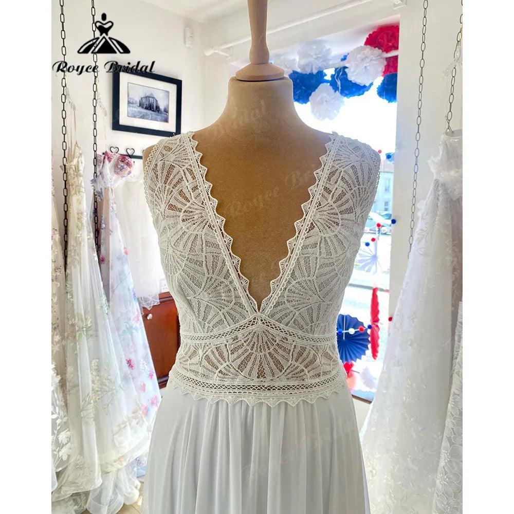 Vestido de novia de chifón bohemio de playa sin mangas con corpiño de encaje para mujer con cuello en V, vestido de noche de boda