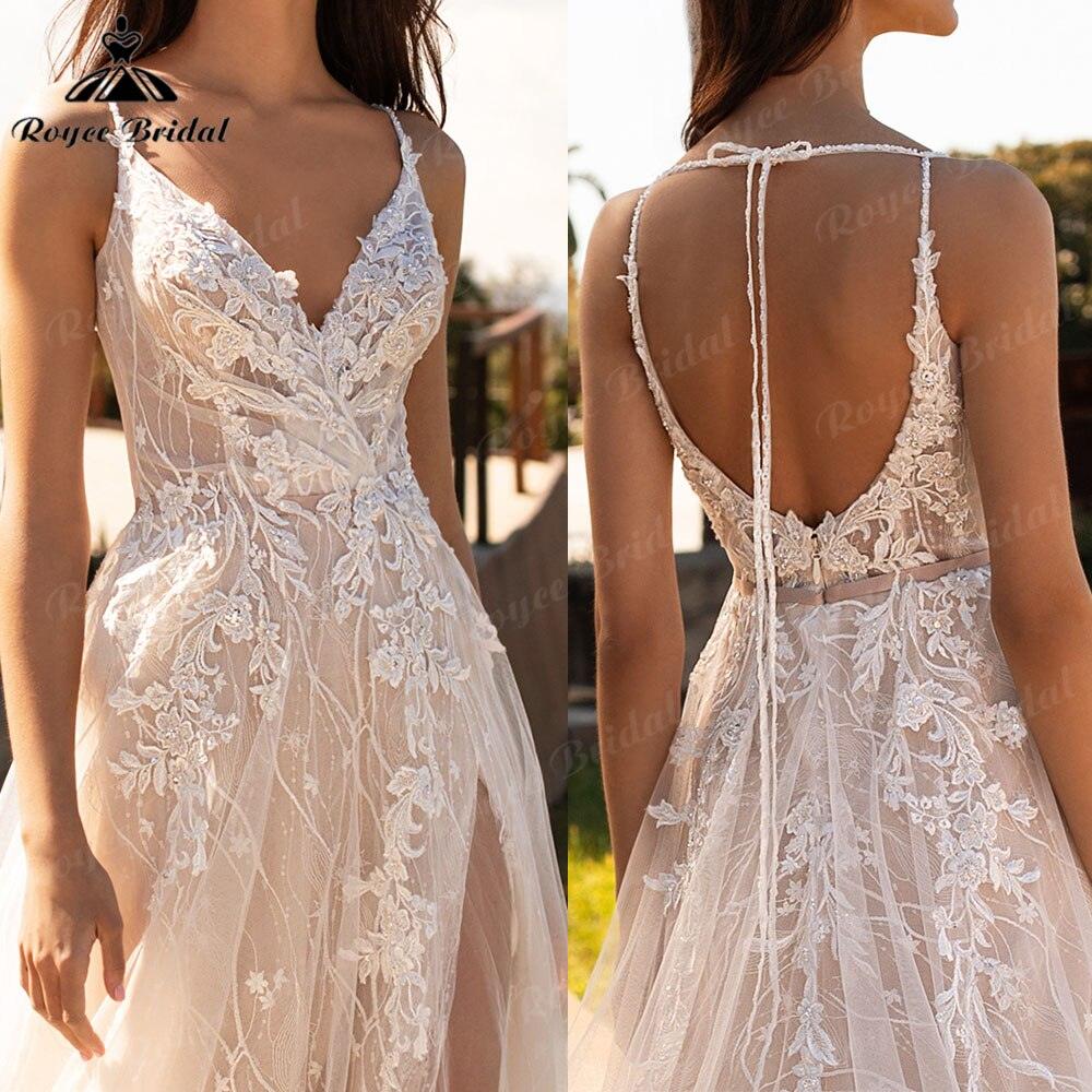 Vestido de novia bohemio de encaje color champán, sin espalda, para playa, escote en V, apliques, tirantes finos, 2025, hecho a medida.