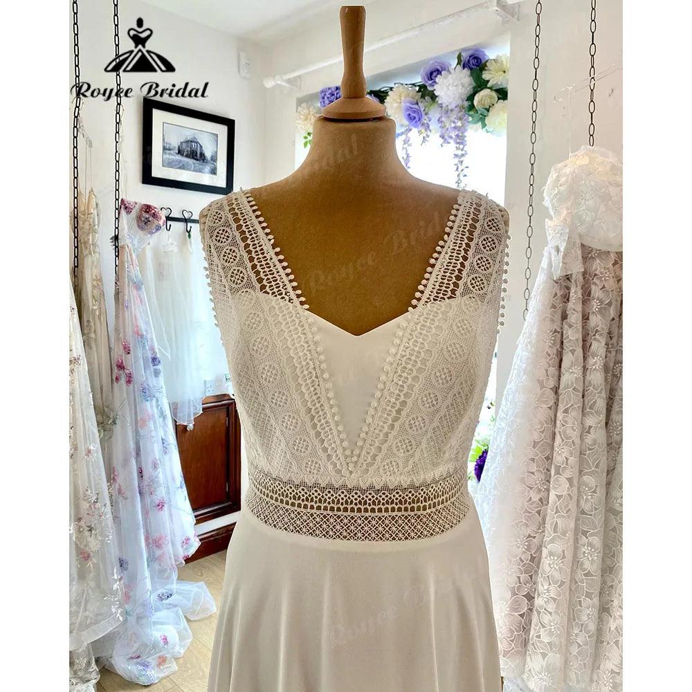 Vestido de novia chic sin mangas de encaje de gasa estilo boho bohemio para mujer NumberSea