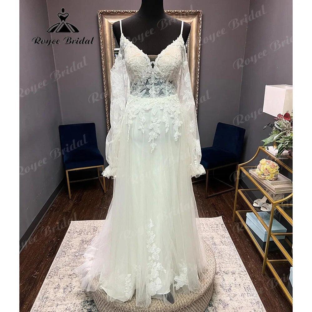 Bata Civil Manga Larga Encaje Cuello en V Espalda Abierta Hombros Descubiertos Vestido de Novia Elegante Vestido de Novia robe de mariée NumberSea