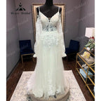 Bata Civil Manga Larga Encaje Cuello en V Espalda Abierta Hombros Descubiertos Vestido de Novia Elegante Vestido de Novia robe de mariée NumberSea