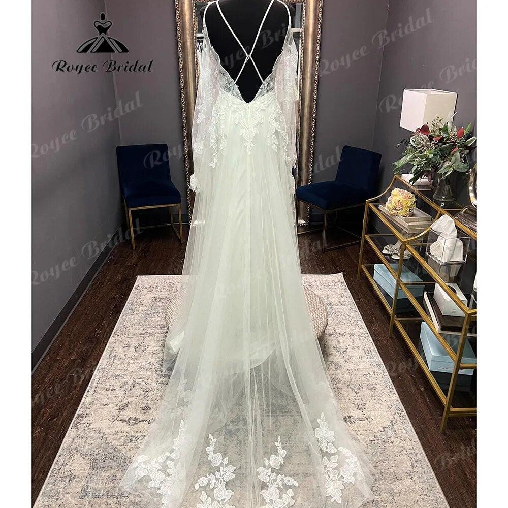 Bata Civil Manga Larga Encaje Cuello en V Espalda Abierta Hombros Descubiertos Vestido de Novia Elegante Vestido de Novia robe de mariée NumberSea