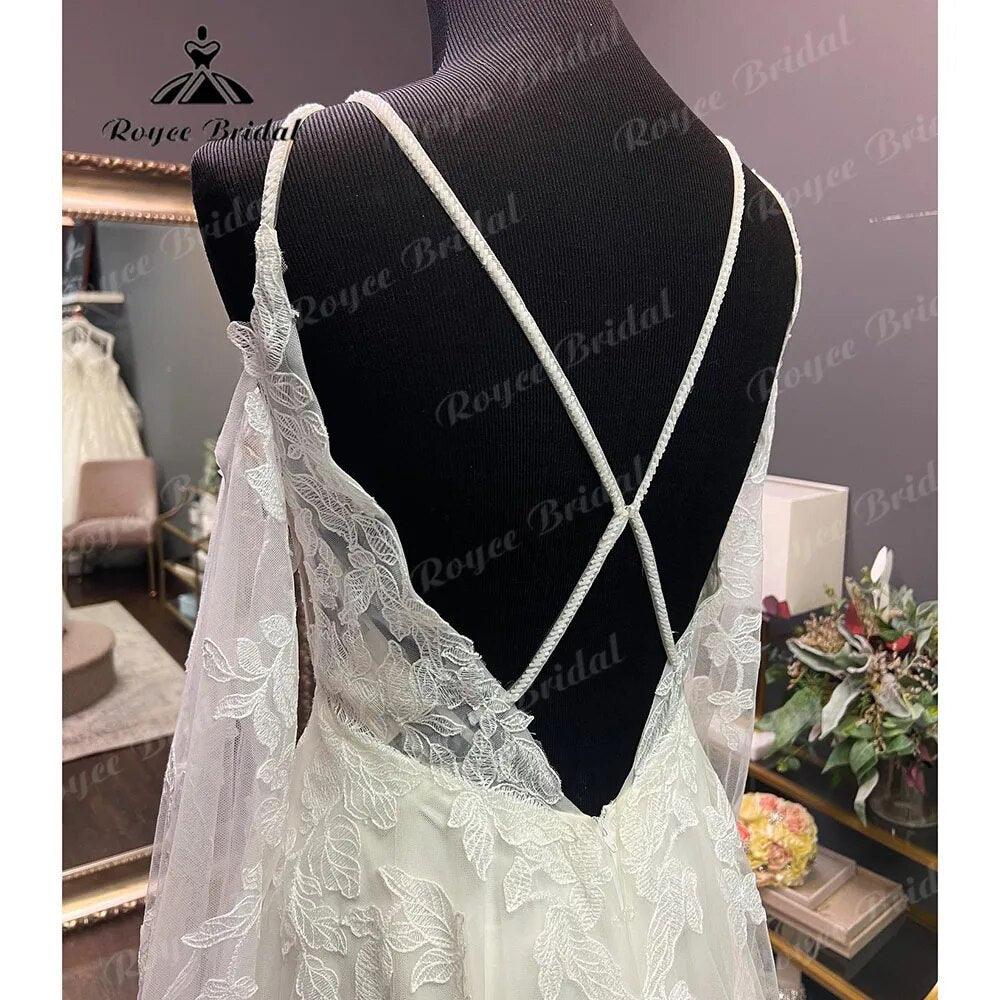 Bata Civil Manga Larga Encaje Cuello en V Espalda Abierta Hombros Descubiertos Vestido de Novia Elegante Vestido de Novia robe de mariée NumberSea